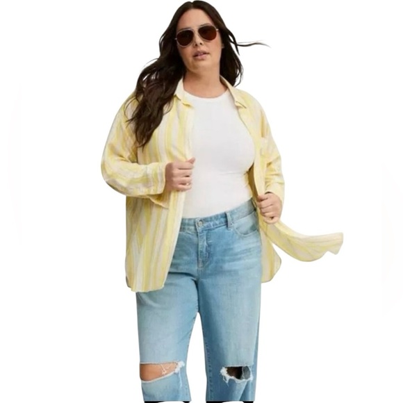 Torrid Drop Shoulder Button Down Long Sleeve Yellow White Women's Plus Sz 2 2X - Picture 1 of 12